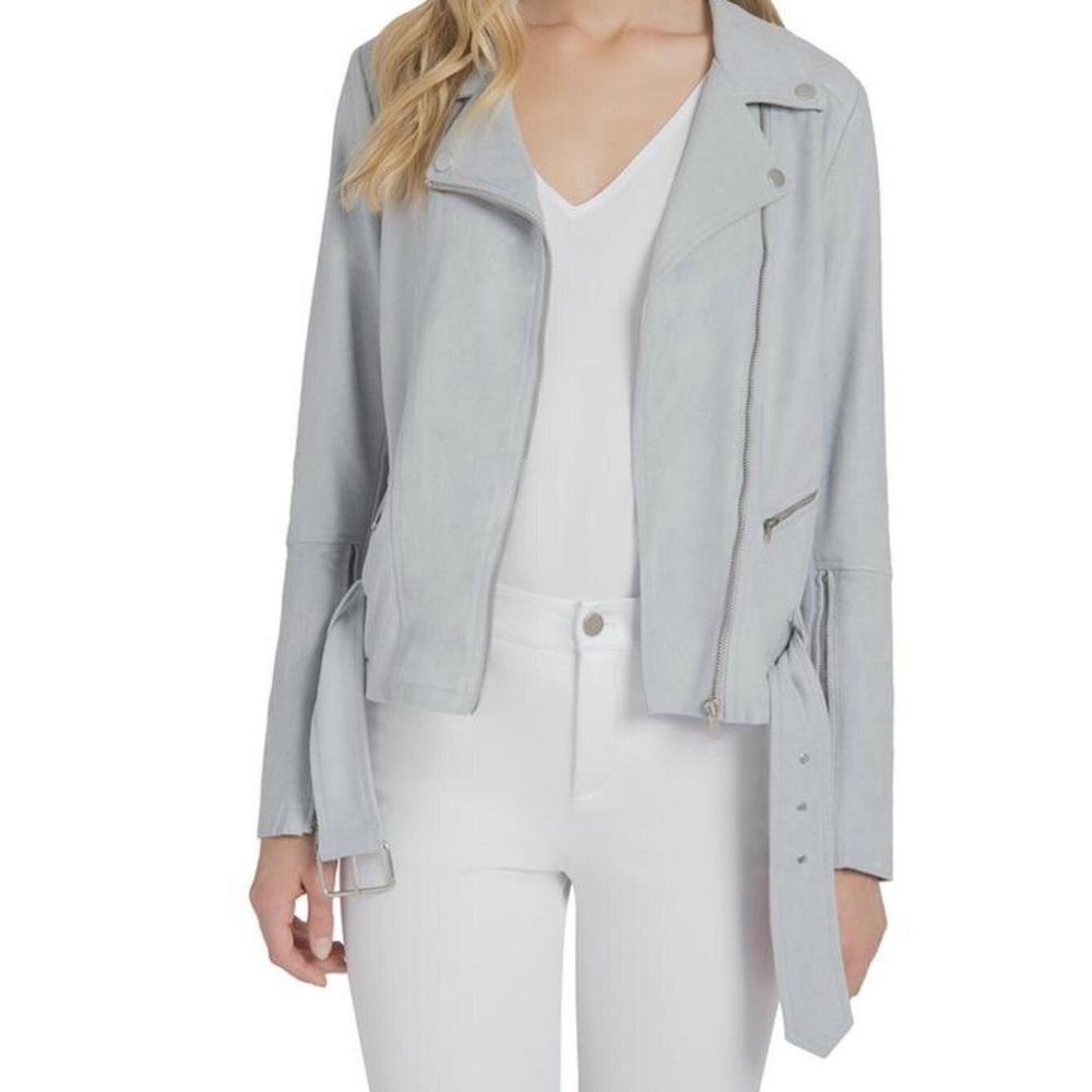 Lysse Womens Cory Faux Suede Moto Jacket Light Blue Asymmetric Zip size Medium - Picture 2 of 15